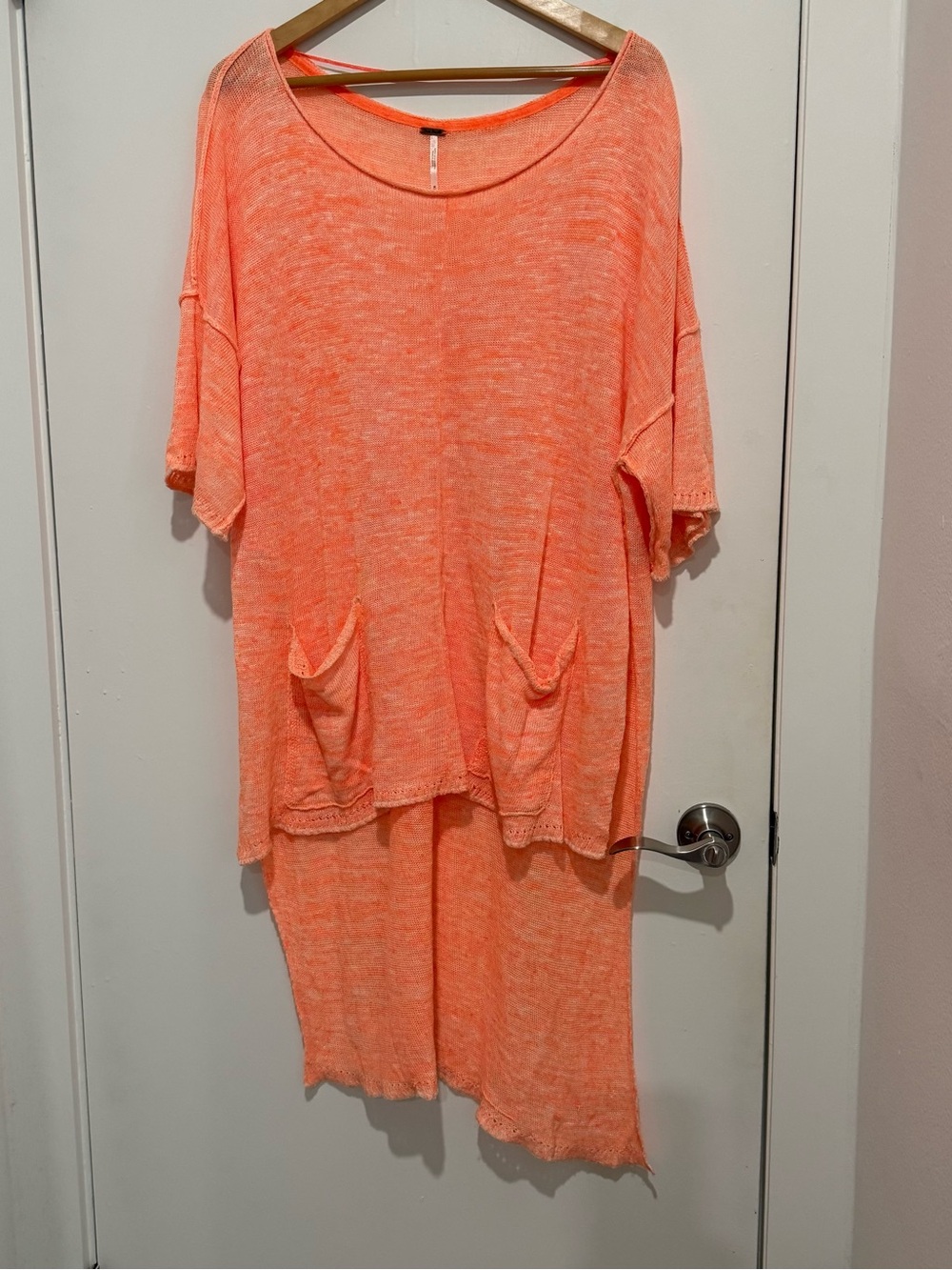 Free People Coral Orange High Low Knit Tunic Top Oversized Pockets M